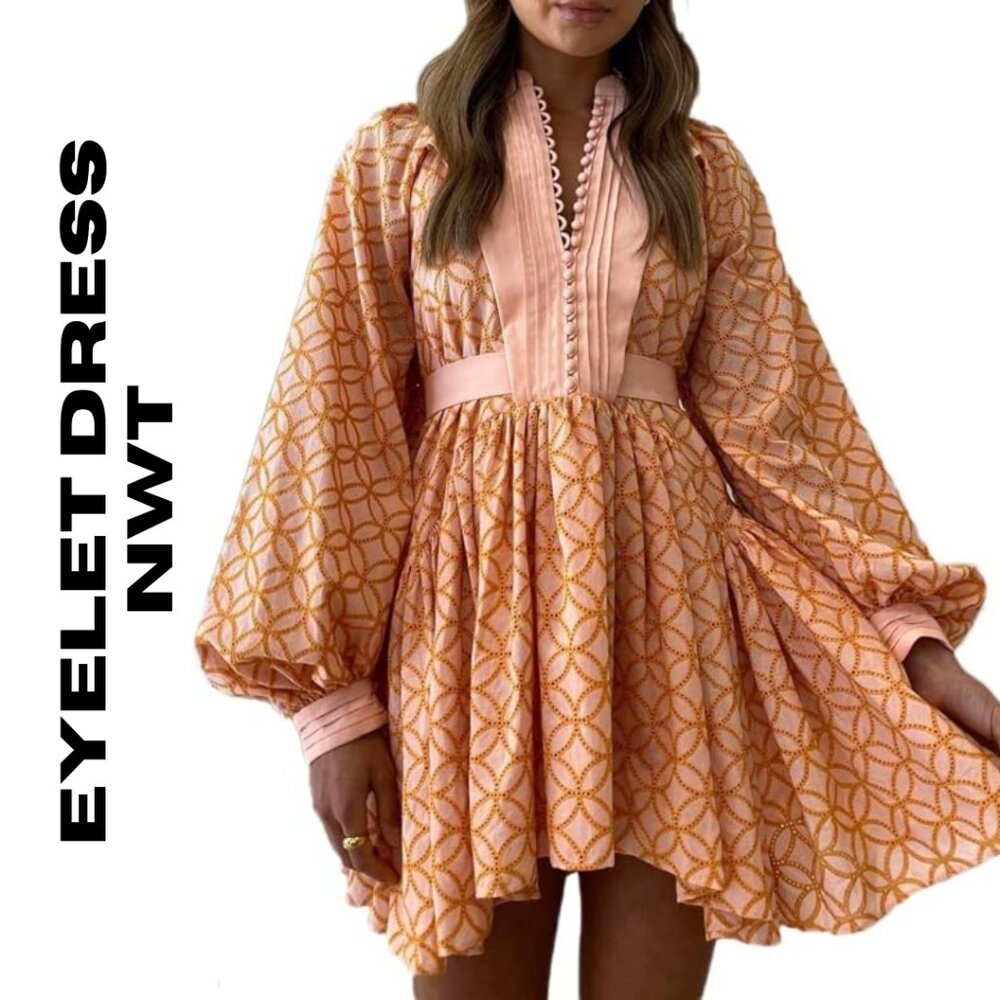 Balloon Sleeve Button-Down Embroidered Dress